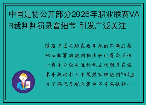 中国足协公开部分2026年职业联赛VAR裁判判罚录音细节 引发广泛关注
